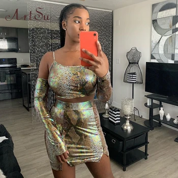 

Artsu Winter Snake Print Pu Faux Leather Women 2 Piece Set Crop Top Long Sleeve Off Shoulder Strap Mini Skirt Slit Sexy 41828