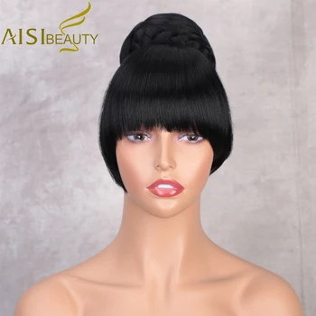 

AISI BEAUTY Fake Hair Bangs Extension Clip on Synthetic Hair Bun Chignon Hairpiece For Women Drawstring Ponytail Updo