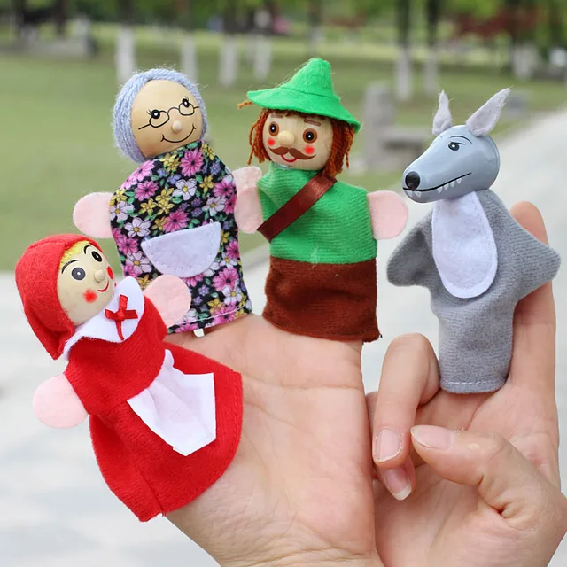 4pcs/Lot Kids Cute Finger Puppets Doll Plush Toys Little Red Riding Hood Wooden Headed Fairy Tale Story Telling Hand Puppets 1