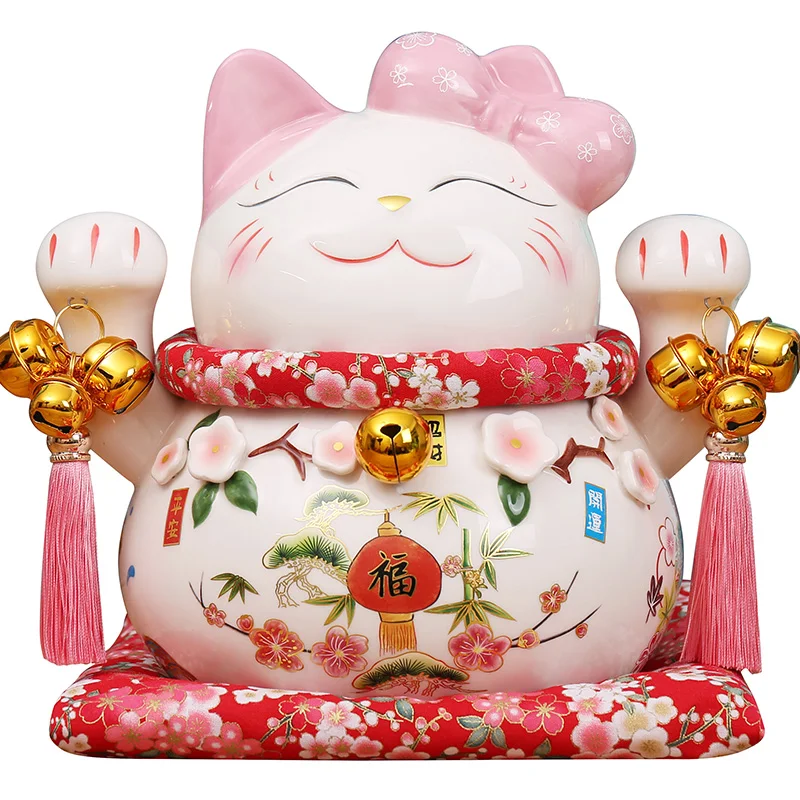 Мультяшная Статуэтка Maneki Neko Oranment, керамическая фигурка счастливого кота, розовый галстук-бабочка, статуя кота Фортуны, Домашняя Декоративная копилка, копилка