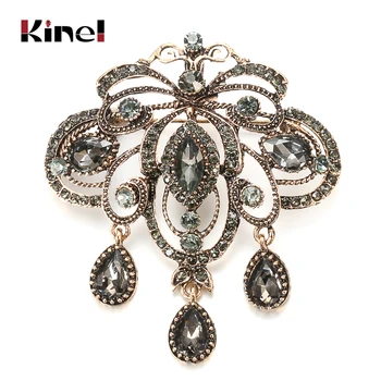 

Kinel 2020 Fashion Vintage Gray Crystal Flower Women Brooch Pin Gold Color Arabesque Rhinestone Boho Brooch Lapel Scarf Broches