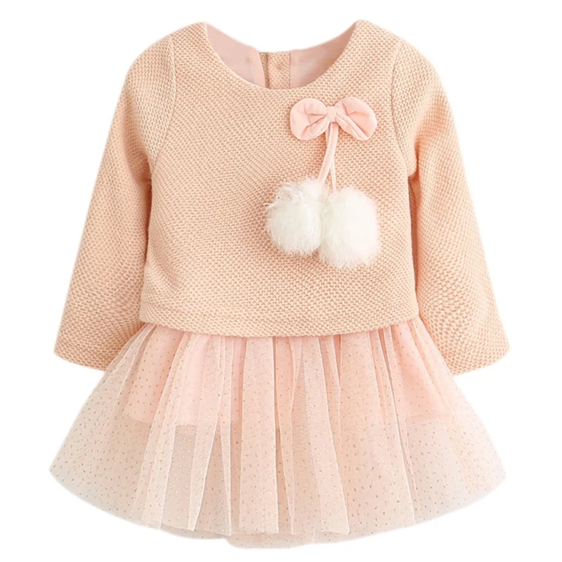 Girls Dress Autumn Long Sleeve Patchwork Plush Ball Bow Tulle Dresses Kids Clothes