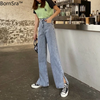 

BornSra 2020 High-waist Straight Jeans for Women Spring Fashion Women Denim Jeans Side Split Jeans Vintage Female Long Pant