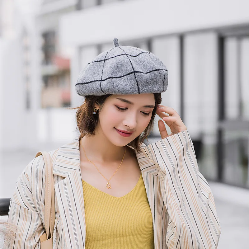 Light Grey Винтажный шерстяной берет шляпа женская мода плед девушки берет дамы девушки милые однотонные Зимние Повседневные шляпы женские верблюжьи шляпы - Цвет: Light Grey