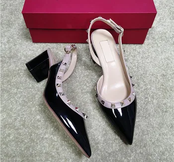 

2020 New Classics Women Brand Thick High Heels Shoes Rivets Sandals Patent Leather Rivets Women Shoes Pointed Toe SIze 34-40