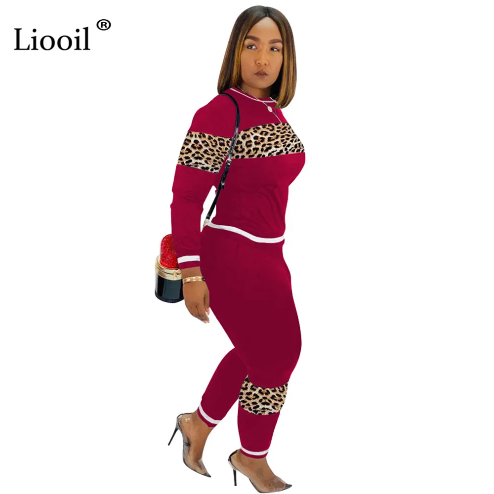 Liooil, Леопардовый принт, комплект из двух предметов, вечерние, Клубные наряды для женщин,, осень, зима, длинный рукав, о-образный вырез, топ и брюки-карандаш, наборы