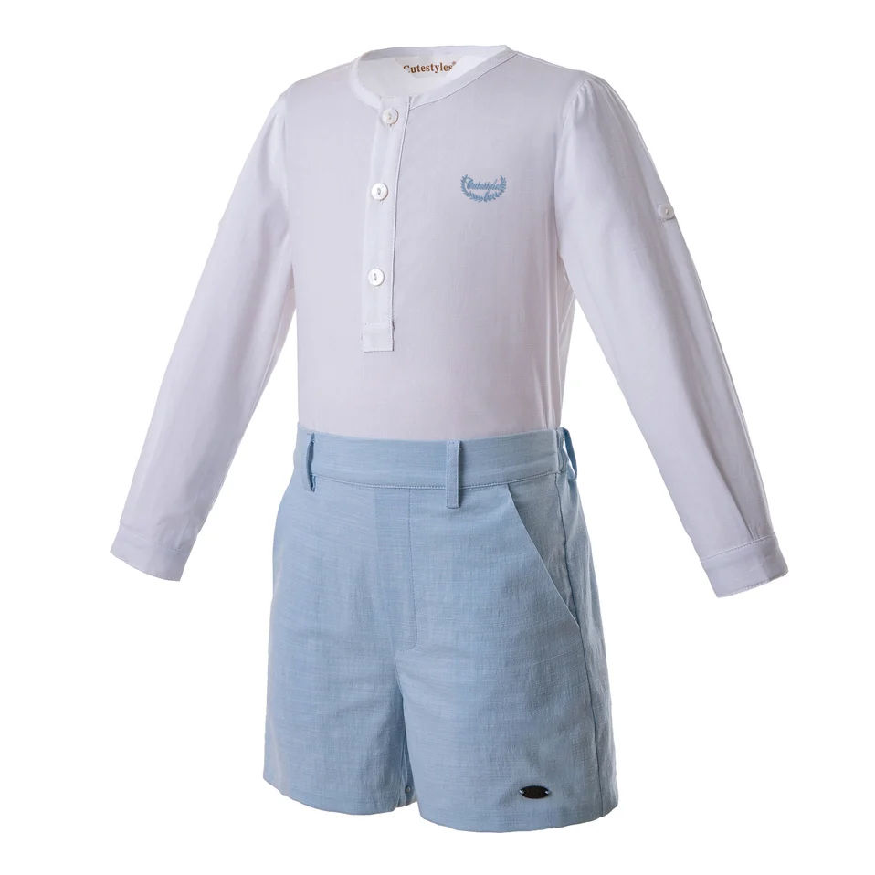 Cutestyles/Новые летние комплекты одежды для мальчиков белая рубашка и синие короткие хлопковые комплекты для мальчиков EB-DMCS201-C145