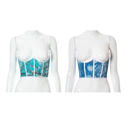 Women's Print Sexy Corset Crop Top Summer Crown Patchwork Slim Bustier Tank Tops Fashion Design Party with Fishbone Belt