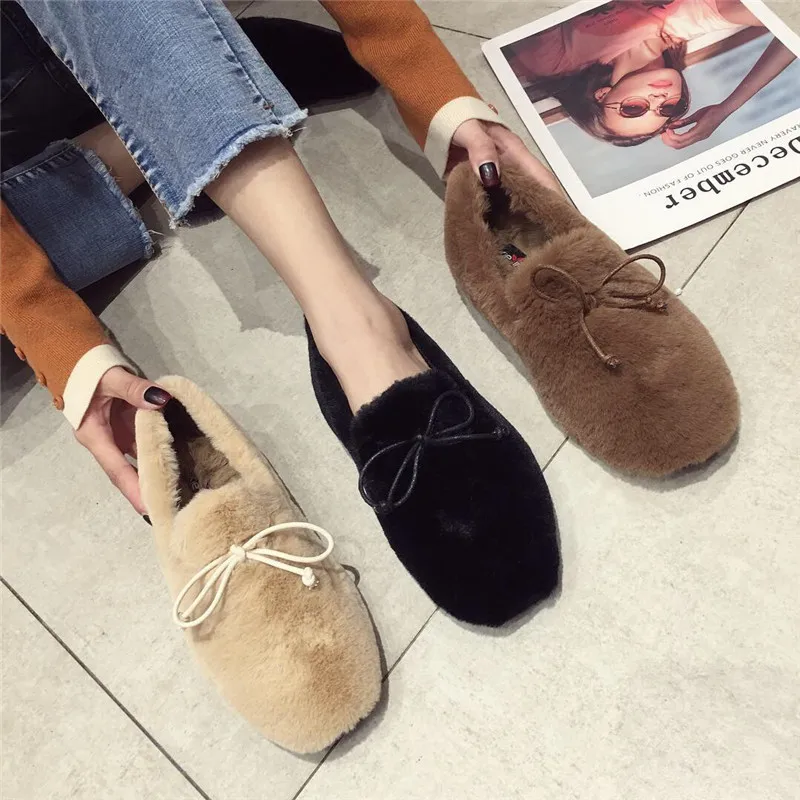 

Loafers Fur Clogs Platform Shallow Mouth Round Toe Women's Casual Shoes Flats Bow-Knot Autumn Creepers Dress Butterfly New Fall