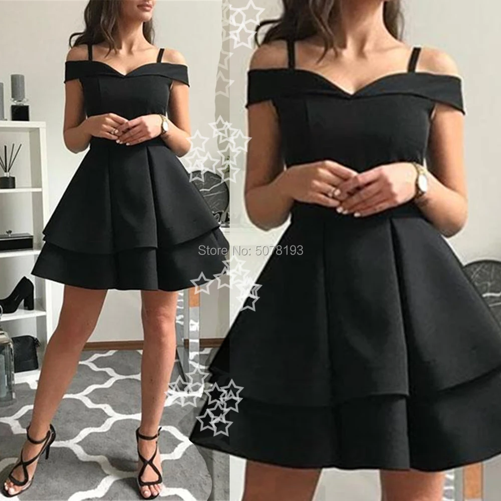 1115 Fashion black V-neck off-the-shoulder straps A-line above-knee matte satin homecoming dresses/formal gowns free shipping