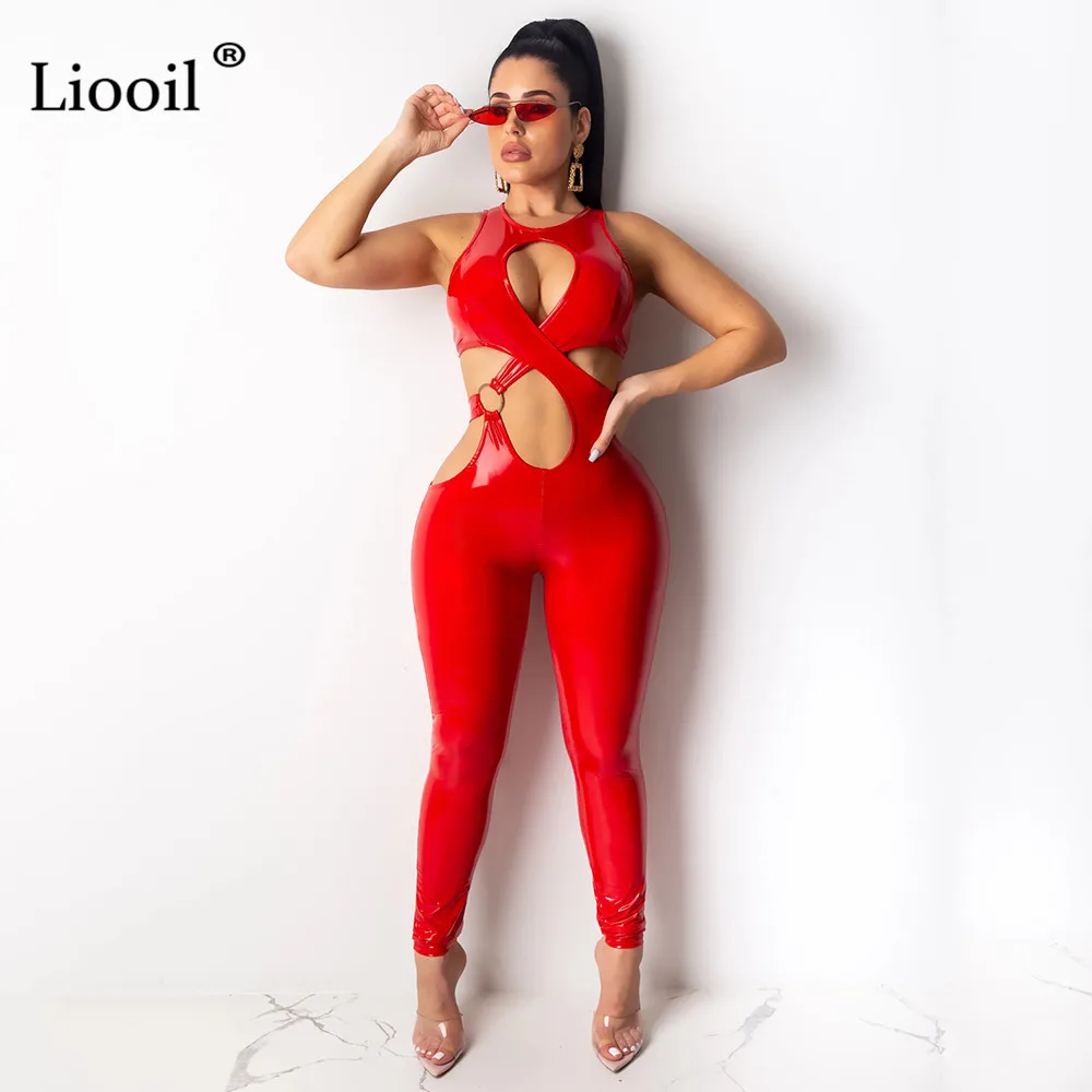 Liooil, сексуальный теплый зимний Облегающий комбинезон из искусственной кожи без рукавов, эластичные вечерние комбинезоны, женский комбинезон