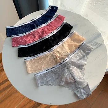 

Sexy Women's Transparent Hollow Fashion Low Waist Lace Underwear Female Thongs Panties Sexy Briefs Letter Ruffle G String 3Pcs