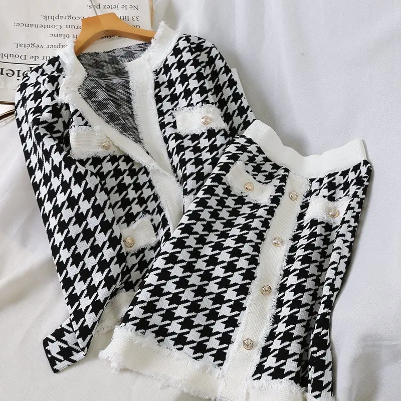 

High Quality Women Houndstooth Single Breasted Knitted Cardigan + Hit Color Elastic Bodycon Pencil Skirts Set Summer Knit 2 PCS
