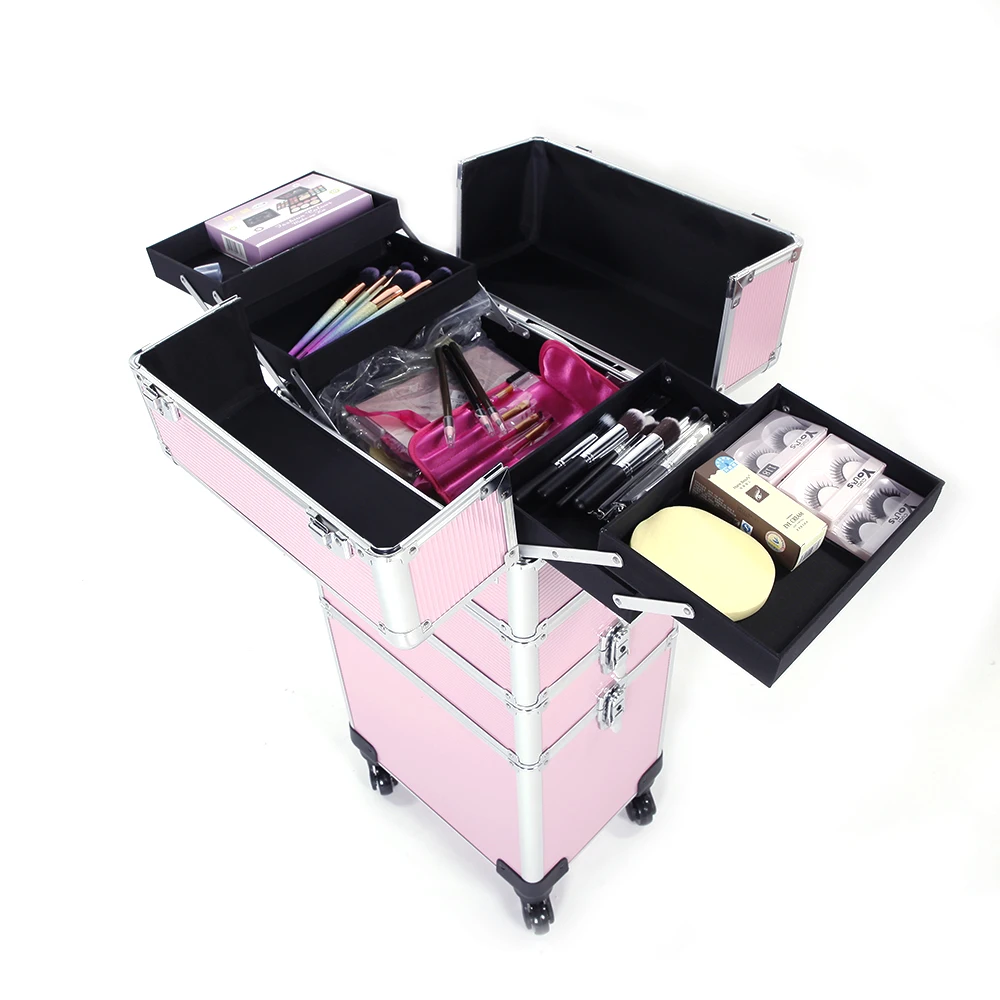 

4 wheels 4 in 1 Professional Rolling Aluminum Train Cases Makeup Artist Cosmetic Trolley Cosmetic Makeup case Multifunction