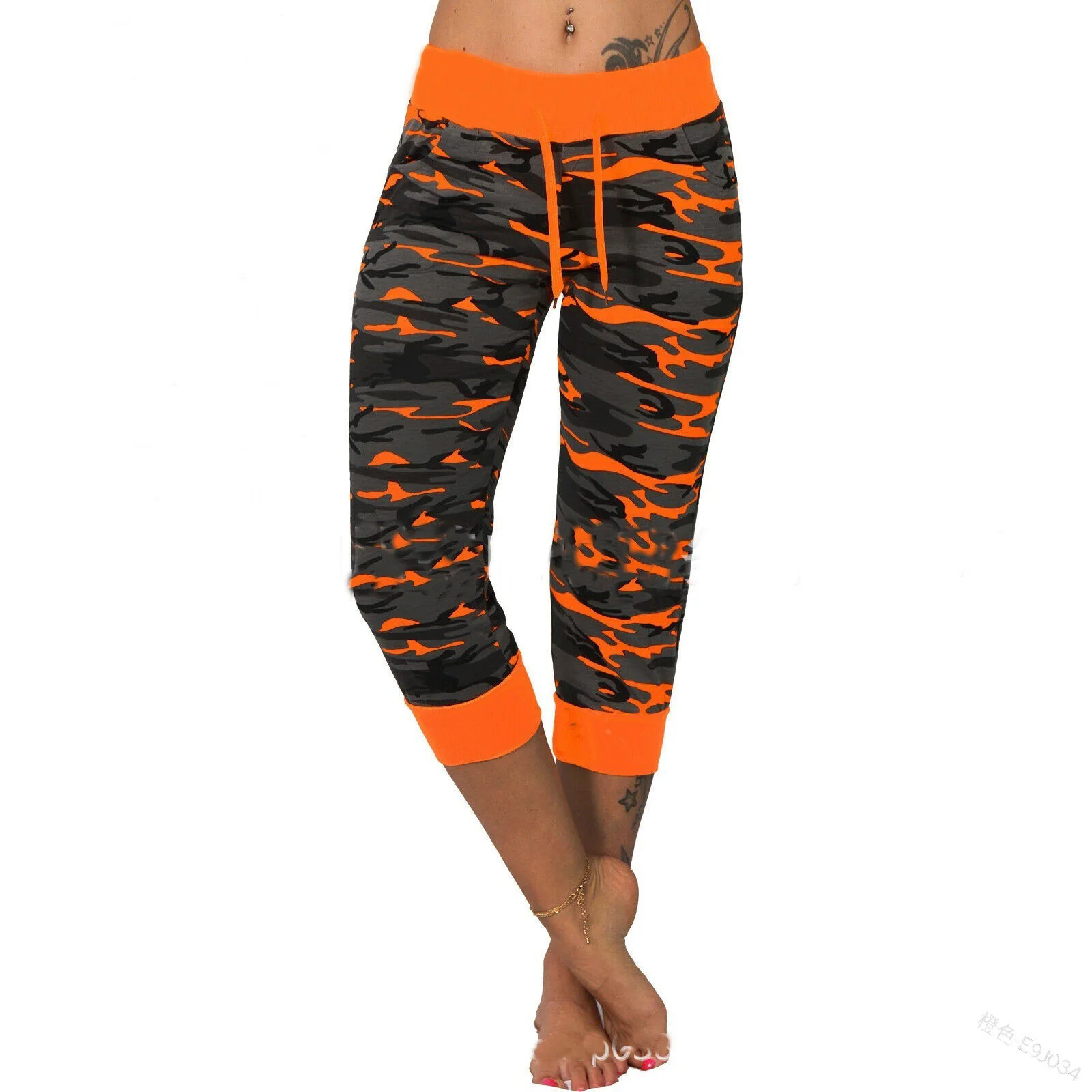 Women's High Waist Camouflage Printed Capri Leggings Ladies Elastic Stretch Drawstring Fitness Slim Yoga Sports Cropped Pants