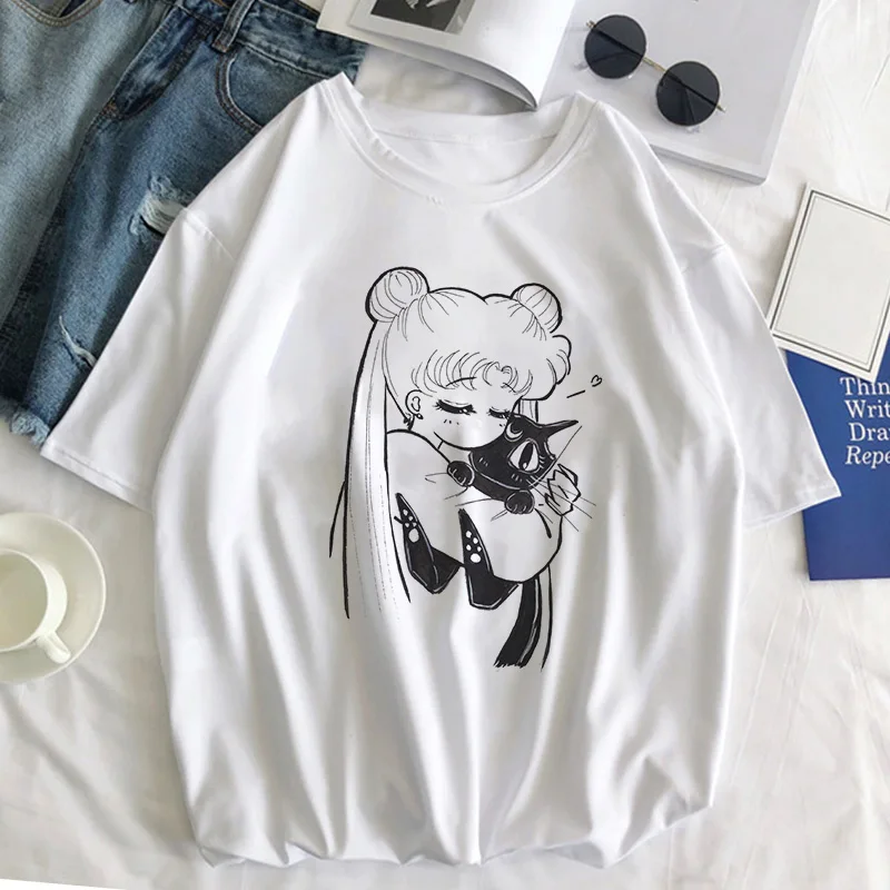 Sailor Moon Cat Футболка женская летняя Kawaii стильная одежда Harajuku футболка Ulzzang Повседневная футболка с коротким рукавом женская футболка