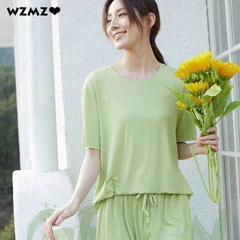

Summer Ladies Pajama Solid Color Polyester Pajamas Set Korean Style Loose Femme Sleepwear Drawstring Wide-leg Shorts Homewear