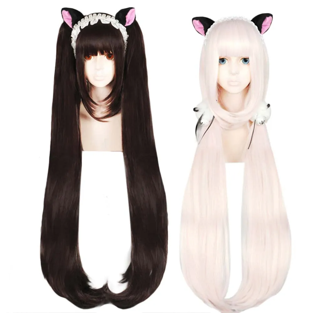 Anogol Chocola NEKOPARA Wig Chocolate Double Ponytail Long Straight Brown Pink Synthetic Cosplay Wig for Party Role Play