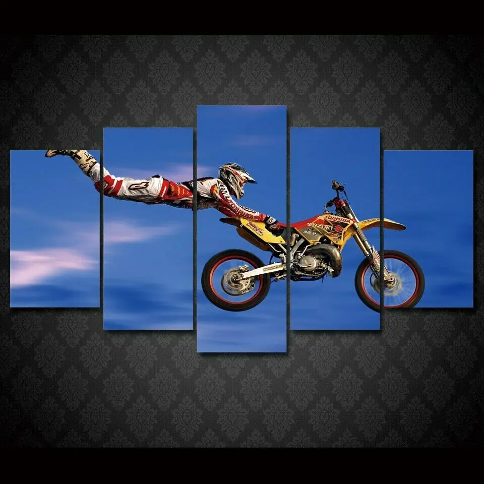 

5Pcs Motocross Jumps Group Extreme Blue Canvas Pictures Print Wall Art Canvas Paintings Wall Decorations for Living Room Unframe