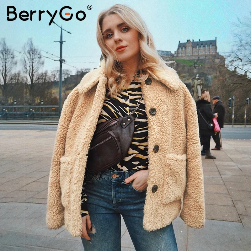 BerryGo Элегантное зимнее пальто из искусственного меха женская мягкая Осенняя розовая куртка теплые пальто повседневная верхняя одежда с длинным рукавом женские куртки