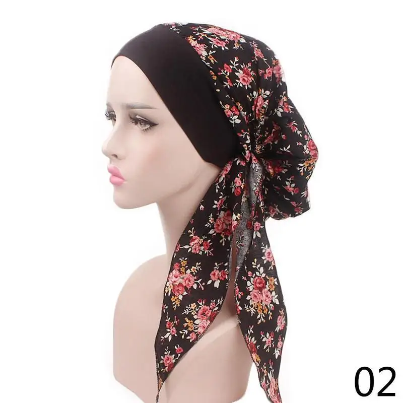 Женские эластичные волосы с головной повязкой, шапка пирата с сельским ветром, хлопковая шапочка для химиотерапии, тюрбан - Цвет: black flower