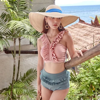 

Swimsuit Girl Swimwear Separate Swim Wear Fused Women's Brazilian Bikini Women Beach Retro High Waist Covering Push Uping Floral