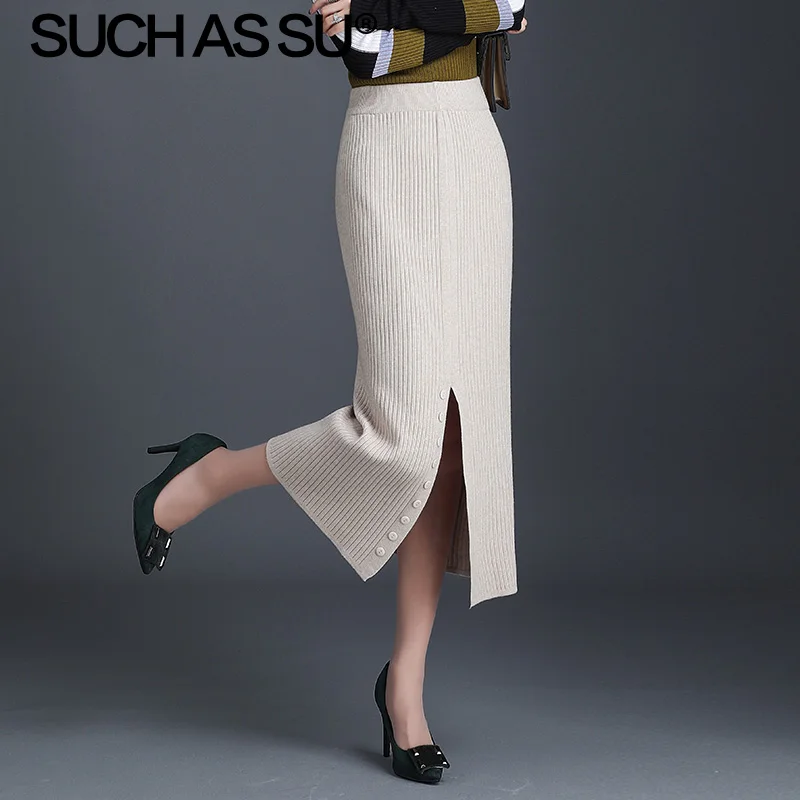Apricot Skirt Новая Корейская вязаная женская юбка осень зима черная зеленая абрикосовая узкая юбка-карандаш на пуговицах с высоким разрезом Женская юбка с запахом - Цвет: Apricot Skirt