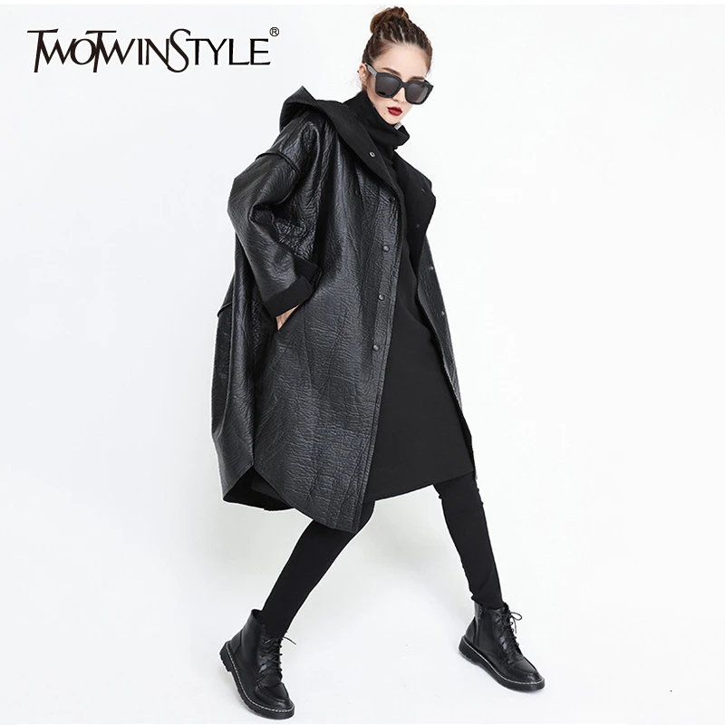 TWOTWINSTYLE, свободный крой, с капюшоном, черная, из искусственной кожи, толстая, большой размер, куртка, новинка, длинный рукав, Женское пальто, модное, Осень-зима