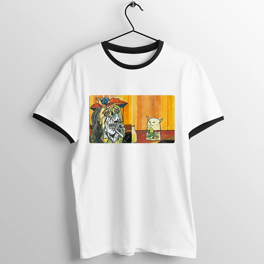 С черными краями унисекс футболка мем Женская орал на кошкой аниме Пикассо Абстрактная живопись печатных футболка - Цвет: 5U012C