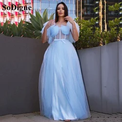 SoDigne Sky Blue Prom Dress Princess Tulle Ruffles Square Short Sleeves Formal Party Dress Floor-Length Evening Gowns