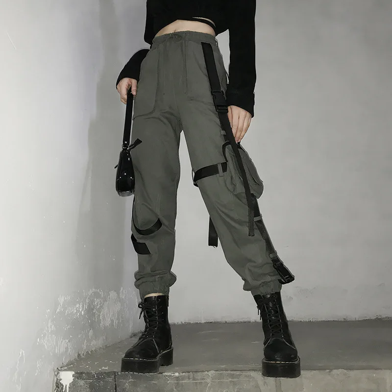 

Army Green Ribbons Buckles Cool Ladies Cargo Sweat Pants 2019 Women Quality High Waist Pockets Drawstring Loose Casual Trousers