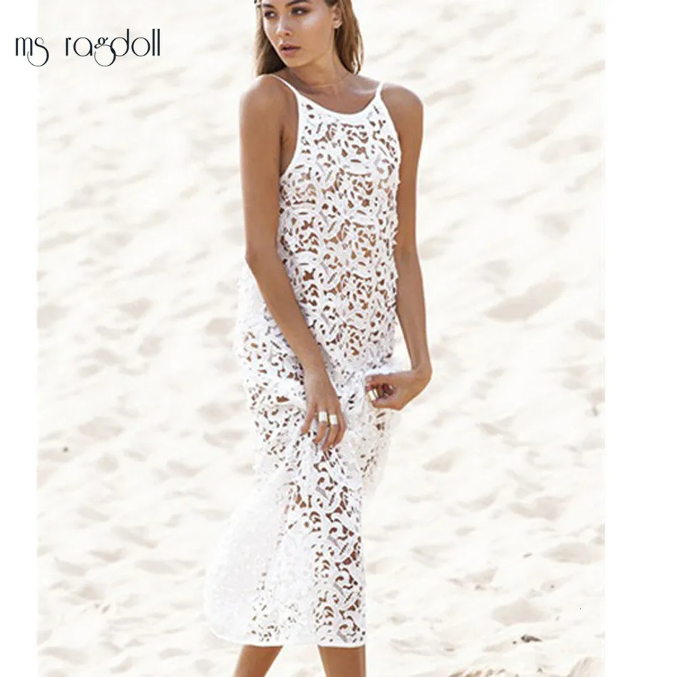 MS ragdoll пляжная одежда бикини, купальный костюм, пляжный Сексуальный Слинг, ажурный вязаный крючком кружевной бикини, блузка, костюмы, парео-туника, платье - Цвет: Белый