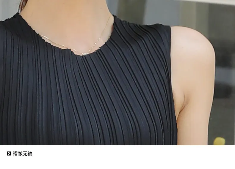 Women Tops Summer New Elastic Miyake Pleated Round Neck Sleeveless Solid Color All-Matched Vests Female