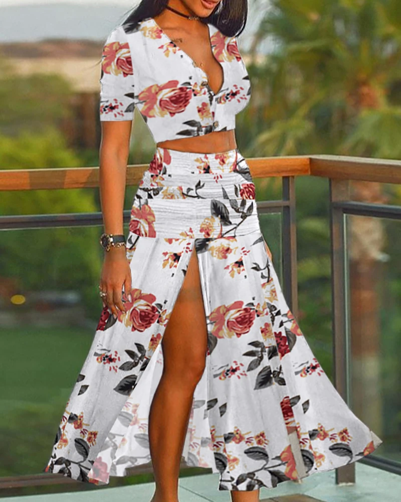 Holiday Casual V Neck Short Sleeve Plain Button Floral Sexy Crop Top High Slit Ruched Women‘s Skirt Sets Summer Two Pieces Suit