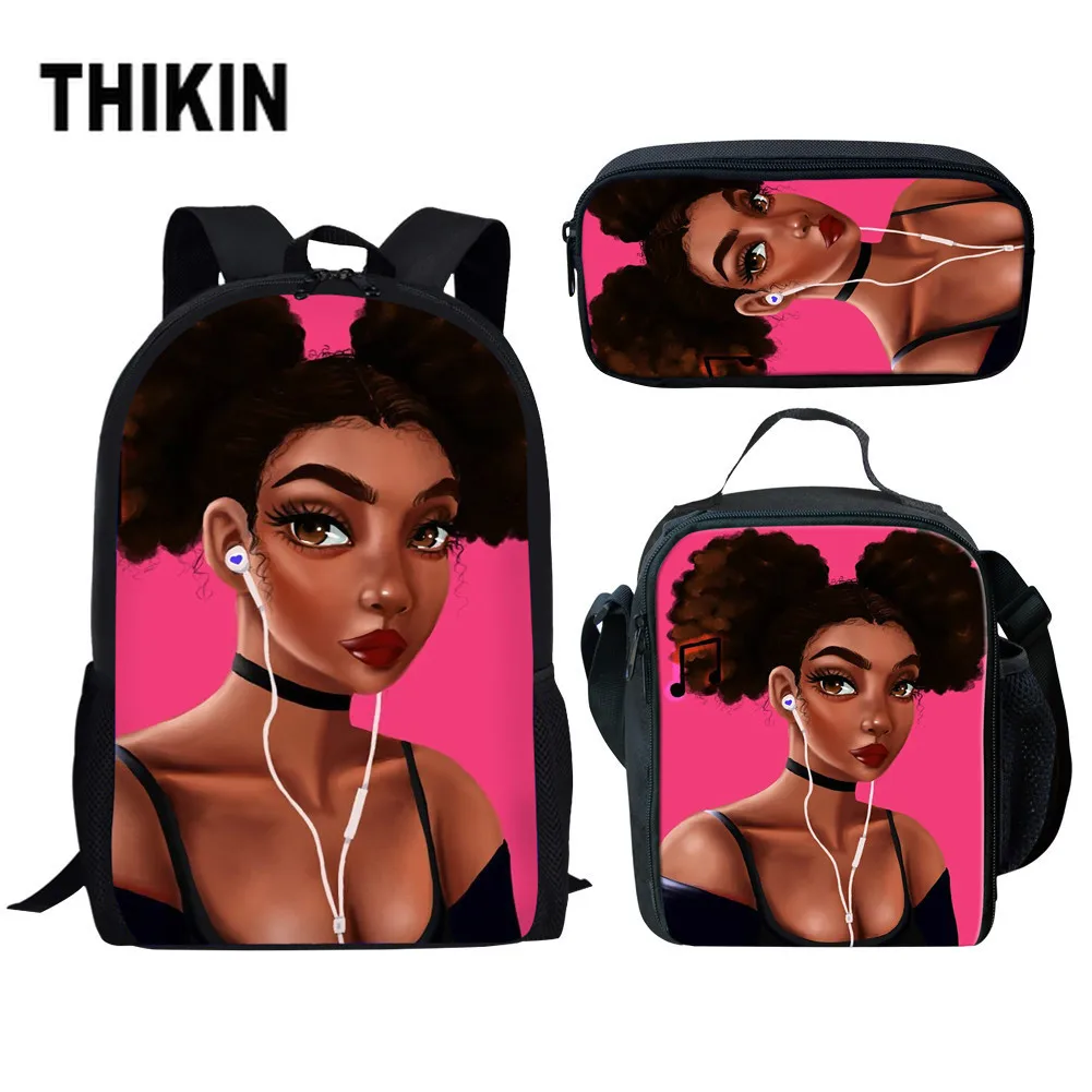 

THIKIN Black Art Afro American Girls School Bag Children Book Bag for School Bagpack Kids bag 3pcs/set Student Mochila Custom