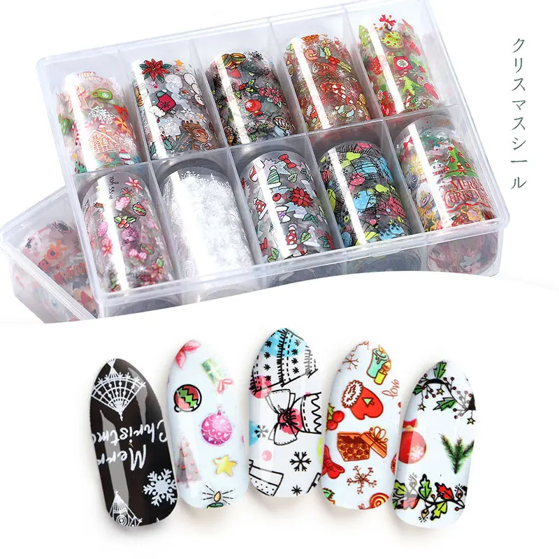 10Pcs Christmas Halloween Nail Foil Set Snowflake Pumpkin Skull Hat Transfer Nail Stickers Paper Holographic Nail Art Decoration