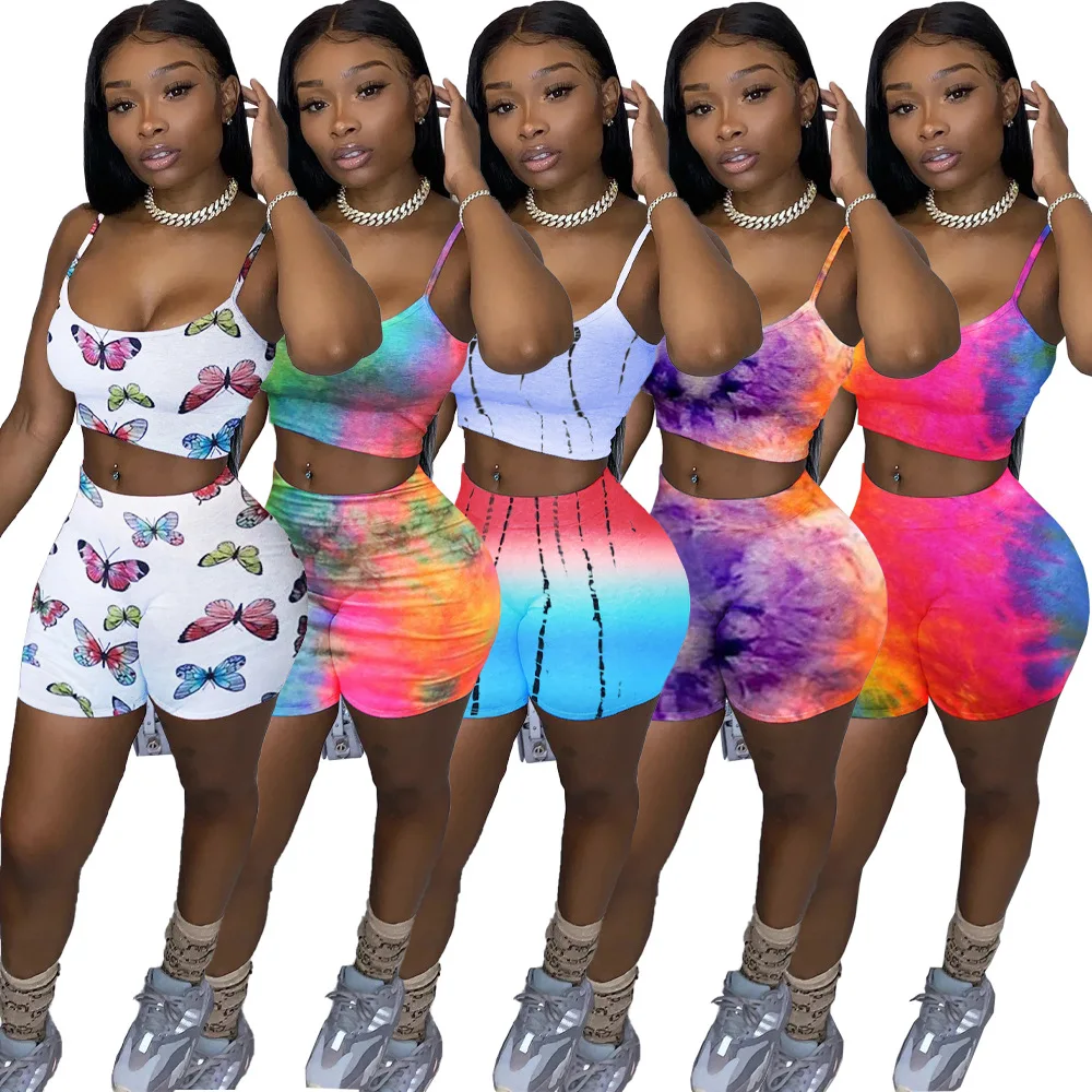 

Echoine women two piece set tie-dye butterfly printed spaghetti strap tops shorts jogger sweatpants suits matching set tracksuit