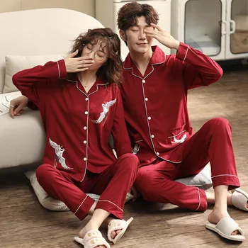 

2020 Spring Autumn Cute Couple 100% Cotton Pajama Sets for Women Long Sleeve Sleepwear Suit Men Loungewear Homewear Home Clothes