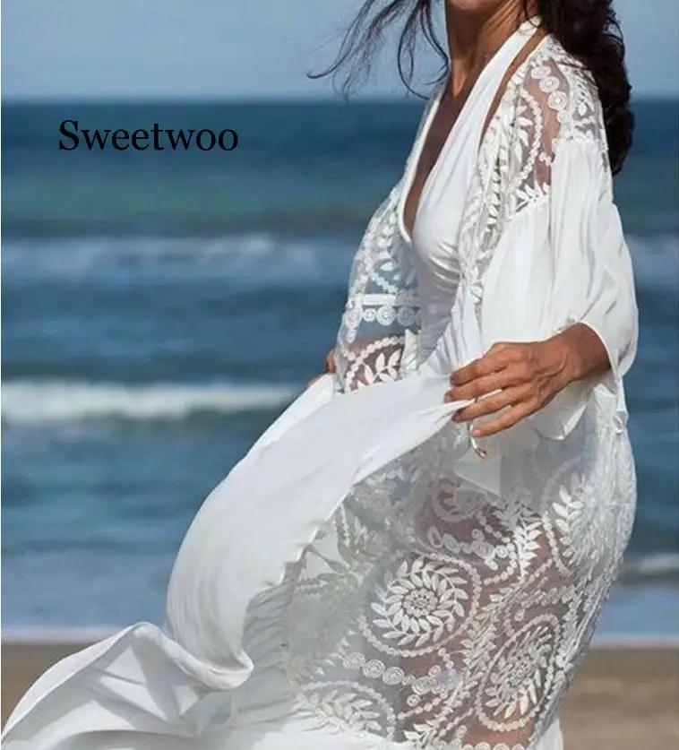2020 New Bikini Cover-ups Sexy Belted Summer Dress White Lace Cotton Tunic Women  Beach Wear Swim Suit Cover Up