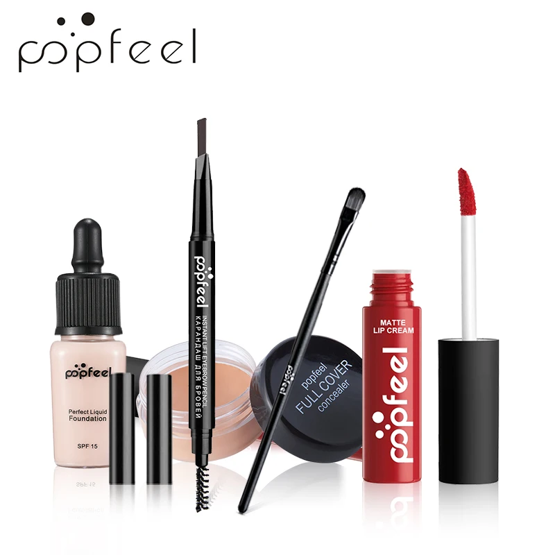 

POPFEEL Face Makeup Set Long-Lasting Foundation Base Matte Lipgloss+Concealer Hide Blemish+Eyebrow Pencil+Brush Makeup Kit 5 Pcs