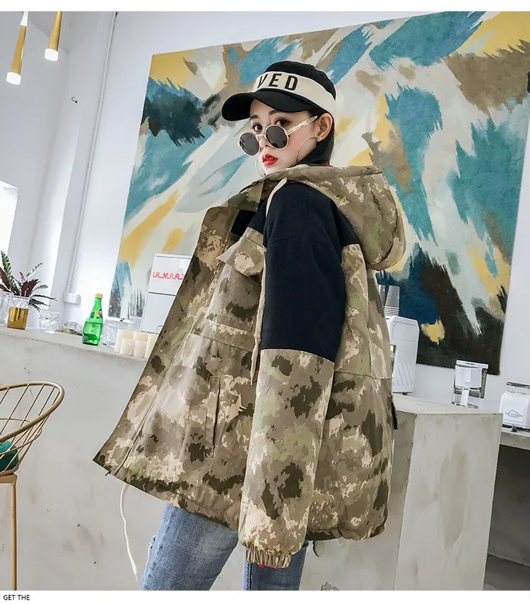 Y9079 Harajuku колледж Стиль камуфляж с капюшоном смешанные цвета Толстая хлопковая стеганая одежда зима