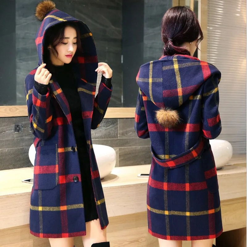 Women Korean Winter Overcoat Loose Plus Size Jacket Long Sleeve Hooded Mid-long Plaid Outwear Elegant Coat  . 1