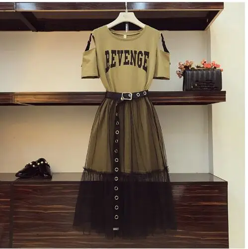 2 Piece set Summer Women's Cotton Long Strapless T-shirt+Mesh See Through Skirt Sets Women Fashion Holes Belt Skirts Suits