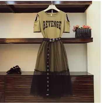 

2 Piece set 2020 Summer Women's Cotton Long Strapless T-shirt +Mesh See Through Skirt Sets Women Fashion Holes Belt Skirts Suits