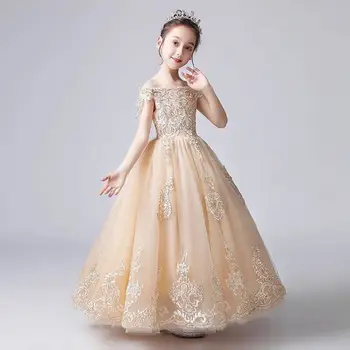 

2019 Kids Girls Lace Mesh Sleeveless Dresses Children Girls Long Bridesmaid Wedding Party Vestidos Princess Prom Ball Gown F104