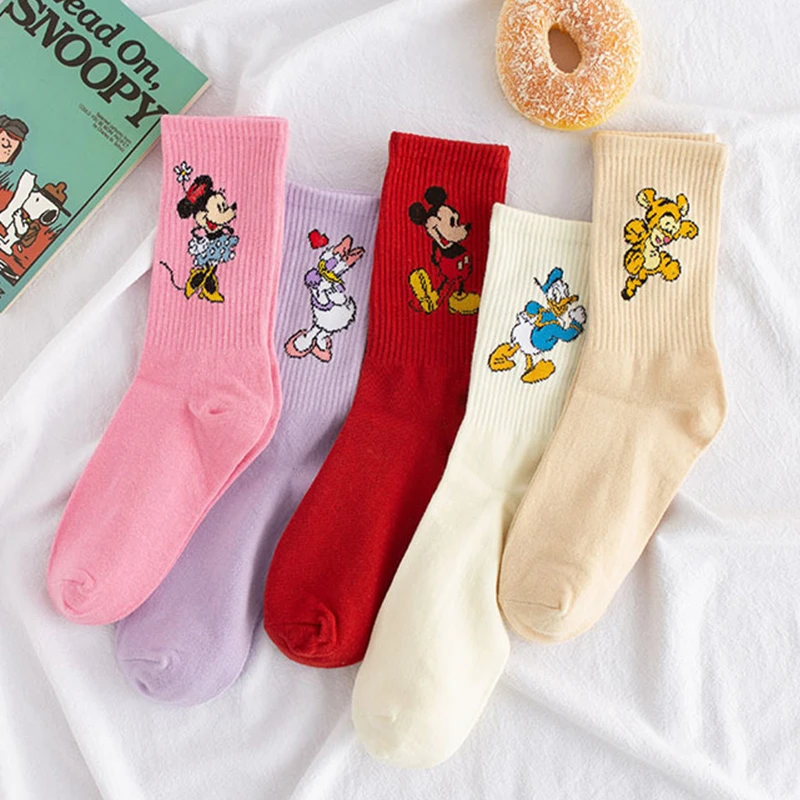 Disney Girl cartoon sweet and cute solid color Mickey Minnie Dais Donald Duck cotton sweat-absorbent tube socks sports socks cashmere socks women