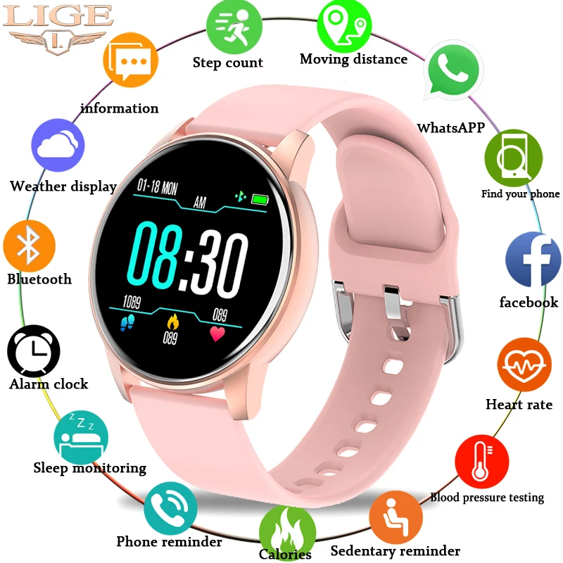 Женские Смарт часы LIGE Full Touch в реальном времени с отслеживанием прогноза погоды