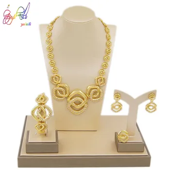 

Yulaili Trendy Wedding Jewelry Sets 24 Gold Square Crystal Necklace Earrings Bracelet Ring African Bridal Costume Accessories