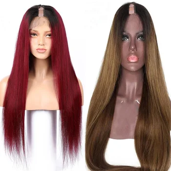 

1*3 U Part Human Hair Wigs Peruvian Straight Human Hair Wigs Ombre Color Glueless U Part Black Red 1B/27 Colored
