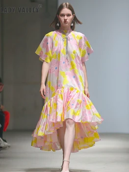 

Free shipping catwalk pleated Zou print short sleeve loose dress ladies summer new front short and long back irregular swing